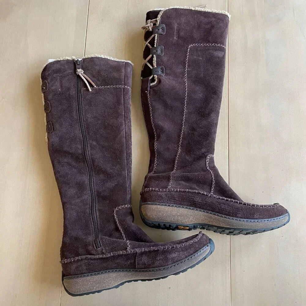 Timberland Womens Fauna Tall Boot Brown Leather Suede Moccasin Lace Up Shearling